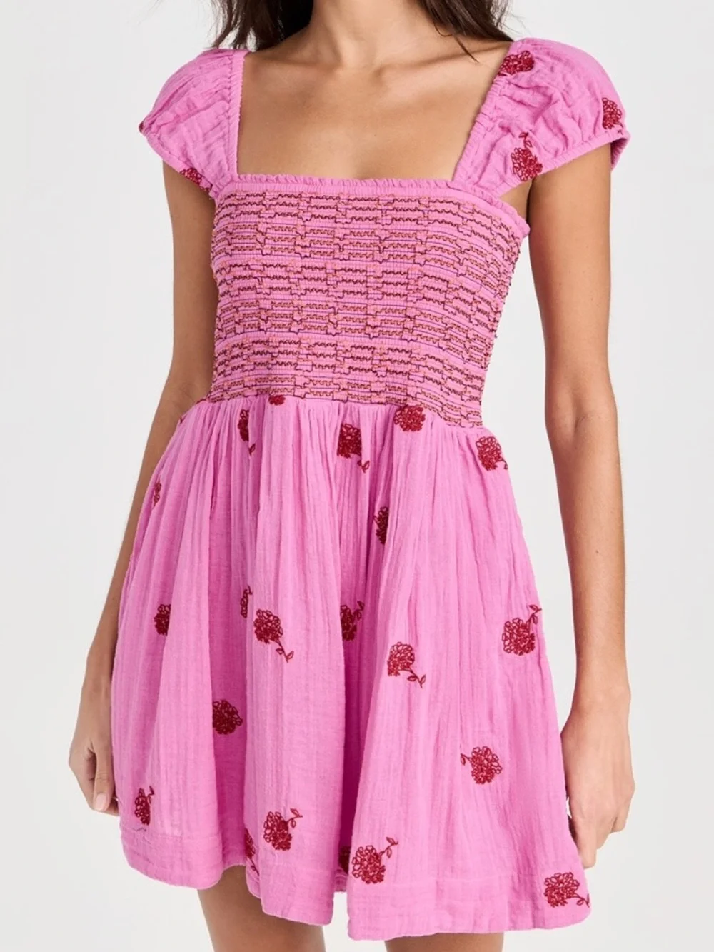 NWT Free People Tory Embroidered Mini Dress Pink Smocked Floral Boho Size Large - Picture 6 of 16